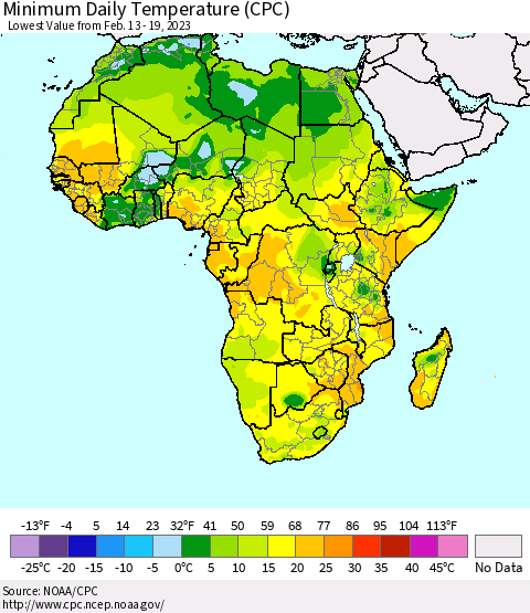 Africa Minimum Daily Temperature (CPC) Thematic Map For 2/13/2023 - 2/19/2023