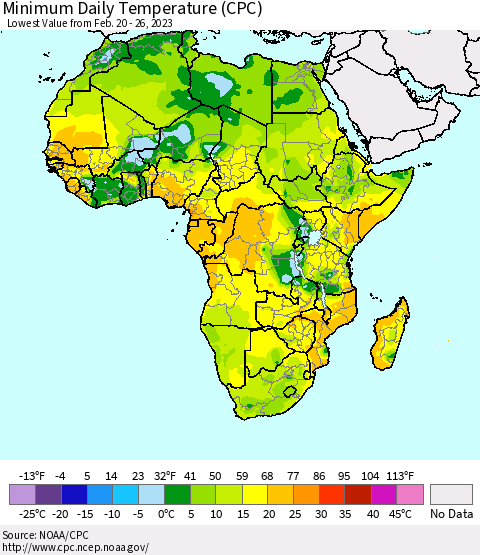 Africa Minimum Daily Temperature (CPC) Thematic Map For 2/20/2023 - 2/26/2023
