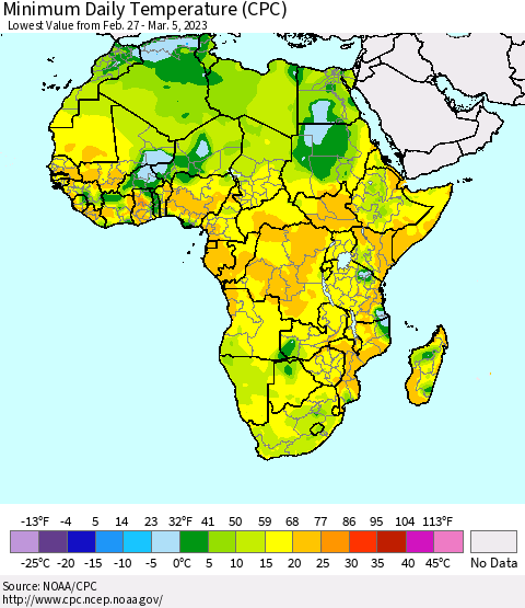 Africa Minimum Daily Temperature (CPC) Thematic Map For 2/27/2023 - 3/5/2023
