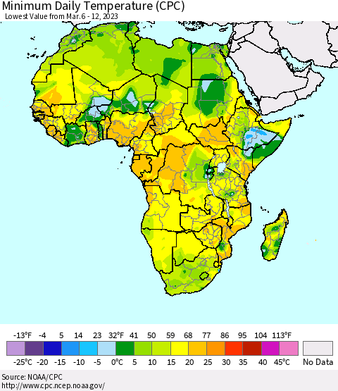 Africa Minimum Daily Temperature (CPC) Thematic Map For 3/6/2023 - 3/12/2023