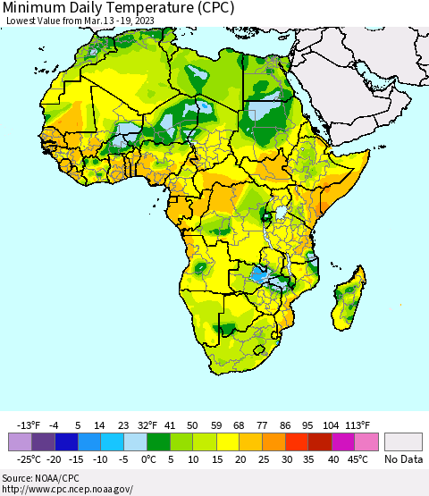 Africa Minimum Daily Temperature (CPC) Thematic Map For 3/13/2023 - 3/19/2023