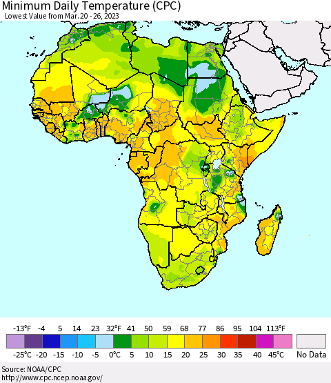 Africa Minimum Daily Temperature (CPC) Thematic Map For 3/20/2023 - 3/26/2023