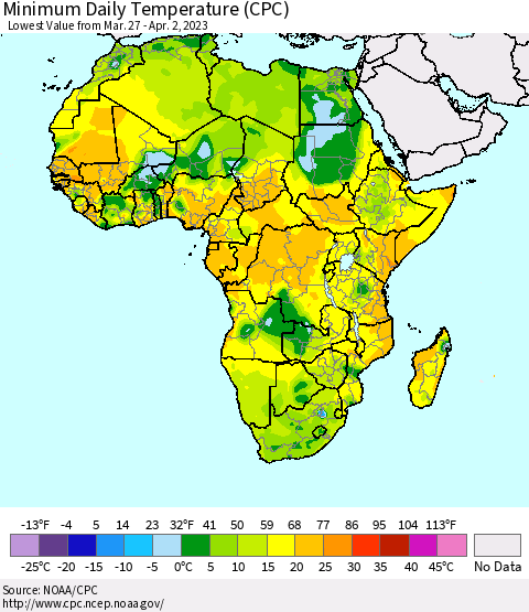 Africa Minimum Daily Temperature (CPC) Thematic Map For 3/27/2023 - 4/2/2023
