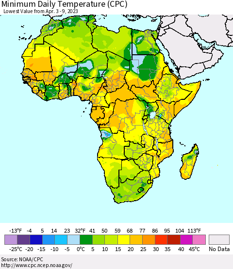 Africa Minimum Daily Temperature (CPC) Thematic Map For 4/3/2023 - 4/9/2023