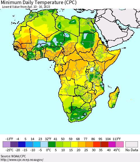 Africa Minimum Daily Temperature (CPC) Thematic Map For 4/10/2023 - 4/16/2023