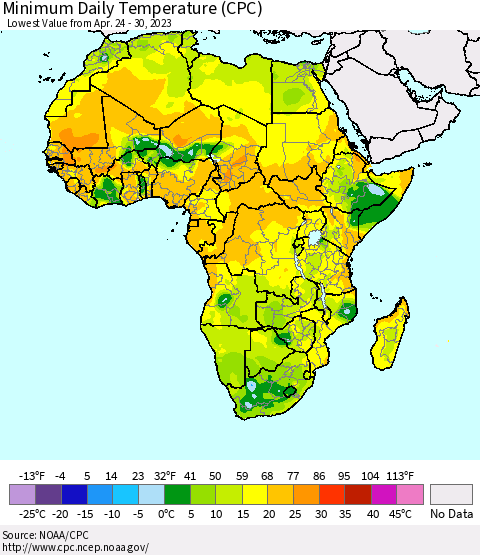 Africa Minimum Daily Temperature (CPC) Thematic Map For 4/24/2023 - 4/30/2023