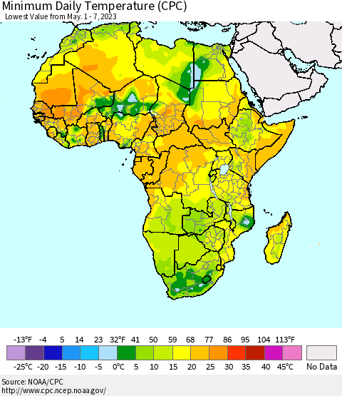 Africa Minimum Daily Temperature (CPC) Thematic Map For 5/1/2023 - 5/7/2023