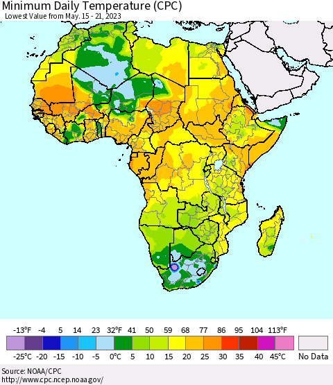Africa Minimum Daily Temperature (CPC) Thematic Map For 5/15/2023 - 5/21/2023