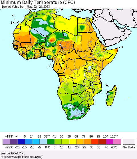 Africa Minimum Daily Temperature (CPC) Thematic Map For 5/22/2023 - 5/28/2023