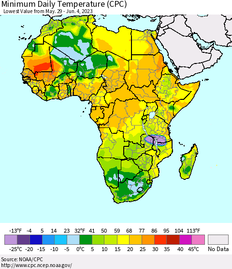 Africa Minimum Daily Temperature (CPC) Thematic Map For 5/29/2023 - 6/4/2023