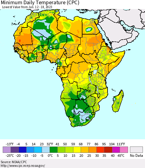 Africa Minimum Daily Temperature (CPC) Thematic Map For 6/12/2023 - 6/18/2023