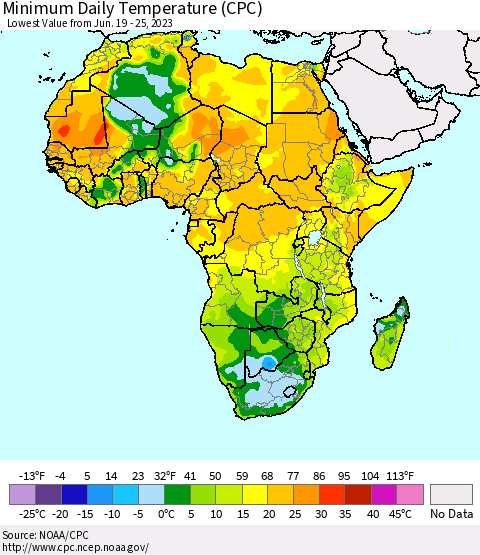 Africa Minimum Daily Temperature (CPC) Thematic Map For 6/19/2023 - 6/25/2023