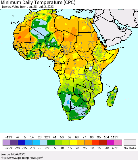 Africa Minimum Daily Temperature (CPC) Thematic Map For 6/26/2023 - 7/2/2023