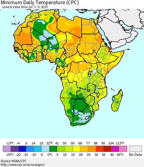 Africa Minimum Daily Temperature (CPC) Thematic Map For 7/3/2023 - 7/9/2023