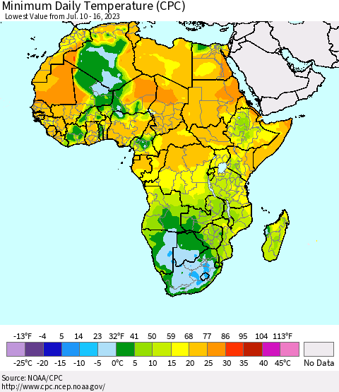 Africa Minimum Daily Temperature (CPC) Thematic Map For 7/10/2023 - 7/16/2023