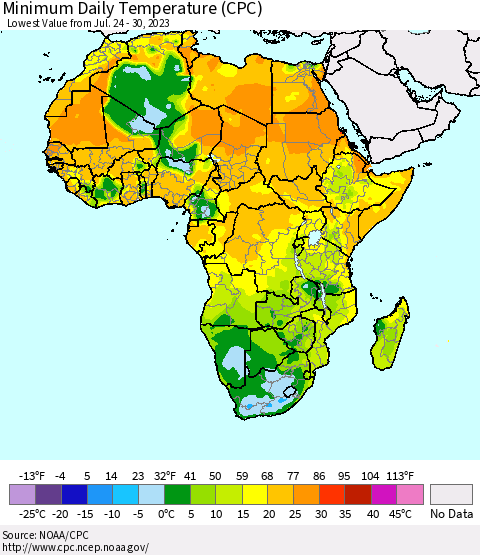 Africa Minimum Daily Temperature (CPC) Thematic Map For 7/24/2023 - 7/30/2023