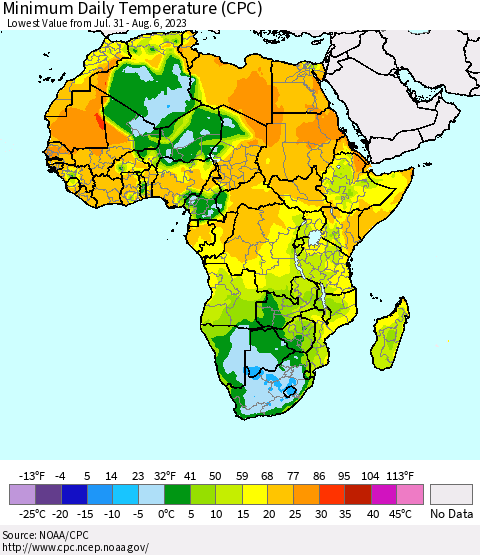 Africa Minimum Daily Temperature (CPC) Thematic Map For 7/31/2023 - 8/6/2023