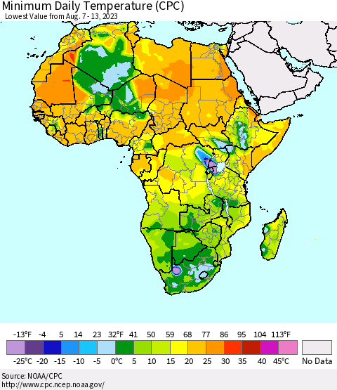 Africa Minimum Daily Temperature (CPC) Thematic Map For 8/7/2023 - 8/13/2023