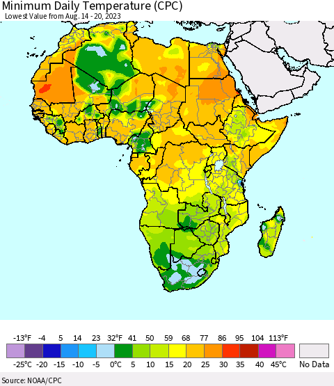 Africa Minimum Daily Temperature (CPC) Thematic Map For 8/14/2023 - 8/20/2023