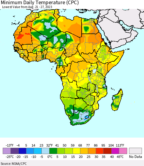 Africa Minimum Daily Temperature (CPC) Thematic Map For 8/21/2023 - 8/27/2023