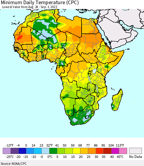 Africa Minimum Daily Temperature (CPC) Thematic Map For 8/28/2023 - 9/3/2023