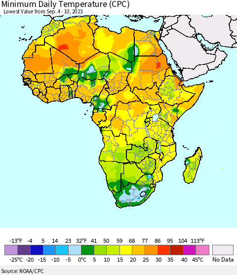 Africa Minimum Daily Temperature (CPC) Thematic Map For 9/4/2023 - 9/10/2023