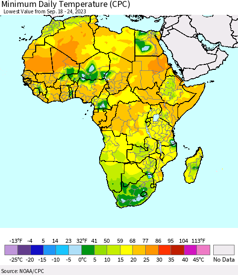 Africa Minimum Daily Temperature (CPC) Thematic Map For 9/18/2023 - 9/24/2023