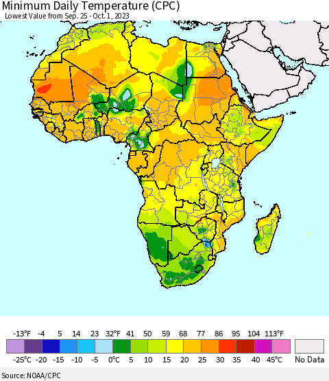 Africa Minimum Daily Temperature (CPC) Thematic Map For 9/25/2023 - 10/1/2023