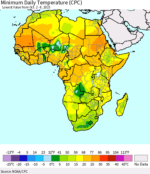 Africa Minimum Daily Temperature (CPC) Thematic Map For 10/2/2023 - 10/8/2023