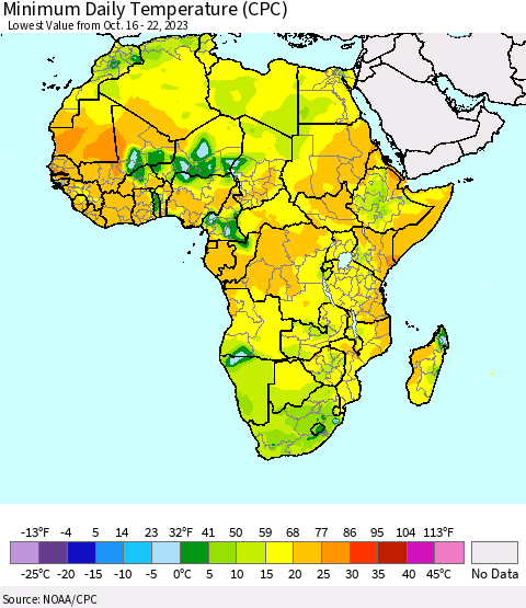 Africa Minimum Daily Temperature (CPC) Thematic Map For 10/16/2023 - 10/22/2023