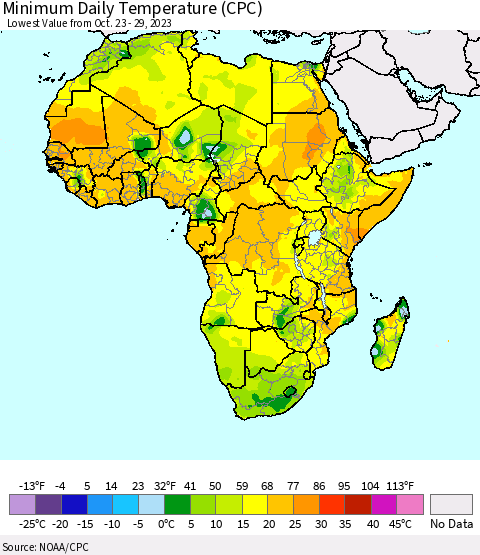 Africa Minimum Daily Temperature (CPC) Thematic Map For 10/23/2023 - 10/29/2023