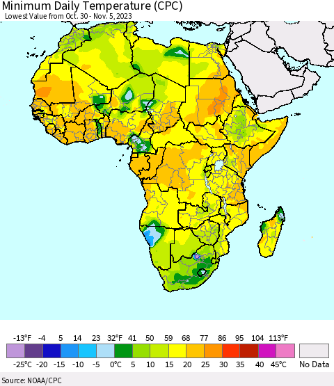Africa Minimum Daily Temperature (CPC) Thematic Map For 10/30/2023 - 11/5/2023