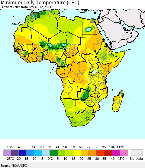 Africa Minimum Daily Temperature (CPC) Thematic Map For 11/6/2023 - 11/12/2023