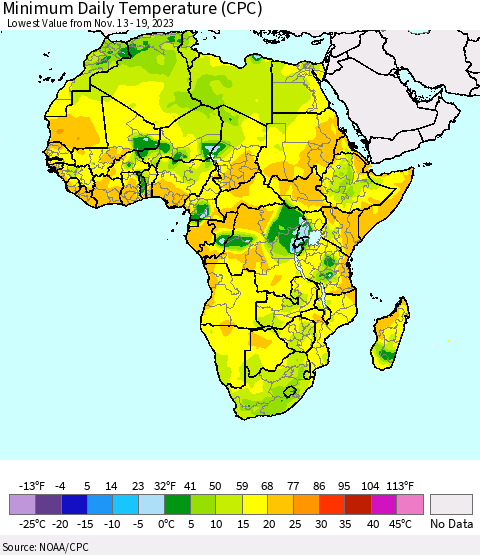 Africa Minimum Daily Temperature (CPC) Thematic Map For 11/13/2023 - 11/19/2023