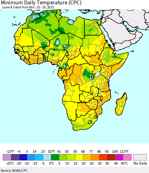 Africa Minimum Daily Temperature (CPC) Thematic Map For 11/20/2023 - 11/26/2023