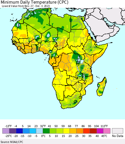 Africa Minimum Daily Temperature (CPC) Thematic Map For 11/27/2023 - 12/3/2023