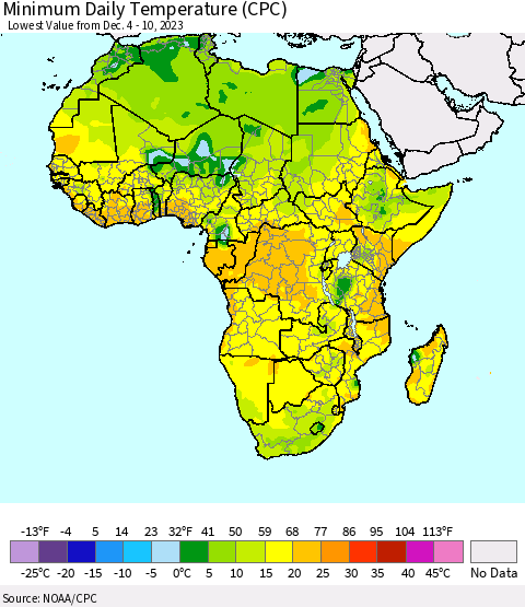Africa Minimum Daily Temperature (CPC) Thematic Map For 12/4/2023 - 12/10/2023