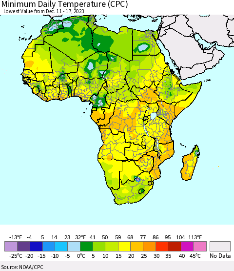 Africa Minimum Daily Temperature (CPC) Thematic Map For 12/11/2023 - 12/17/2023