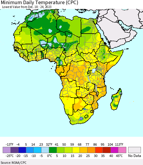 Africa Minimum Daily Temperature (CPC) Thematic Map For 12/18/2023 - 12/24/2023