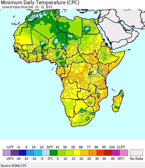 Africa Minimum Daily Temperature (CPC) Thematic Map For 12/25/2023 - 12/31/2023