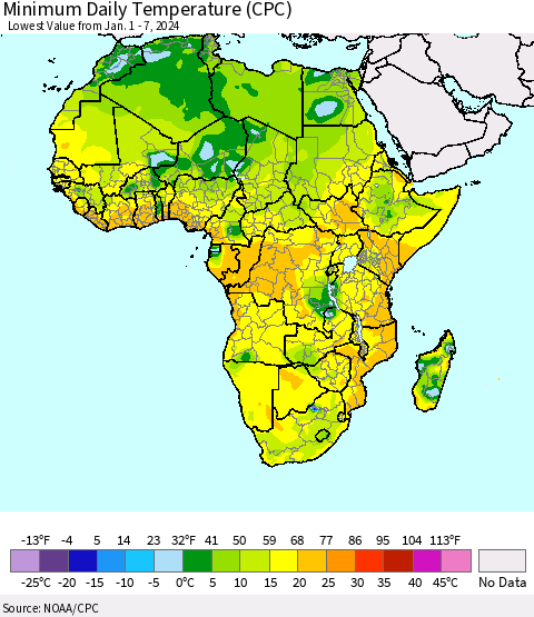 Africa Minimum Daily Temperature (CPC) Thematic Map For 1/1/2024 - 1/7/2024