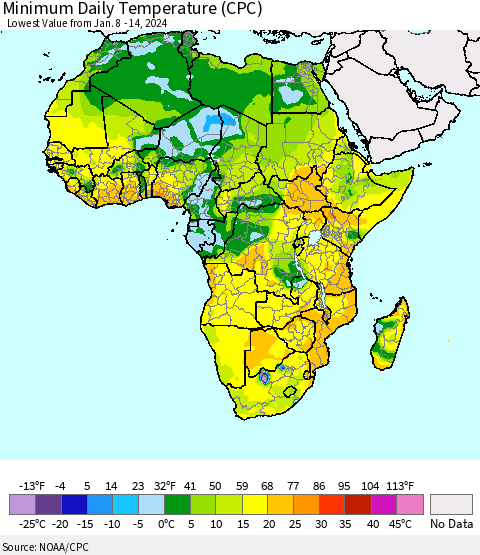Africa Minimum Daily Temperature (CPC) Thematic Map For 1/8/2024 - 1/14/2024
