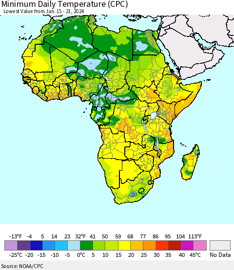 Africa Minimum Daily Temperature (CPC) Thematic Map For 1/15/2024 - 1/21/2024