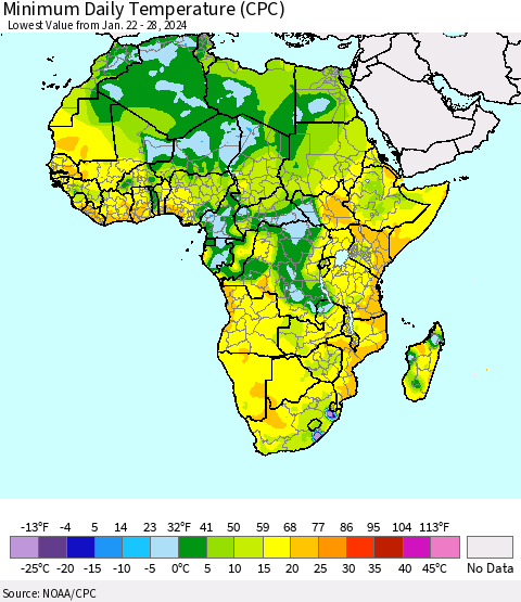 Africa Minimum Daily Temperature (CPC) Thematic Map For 1/22/2024 - 1/28/2024