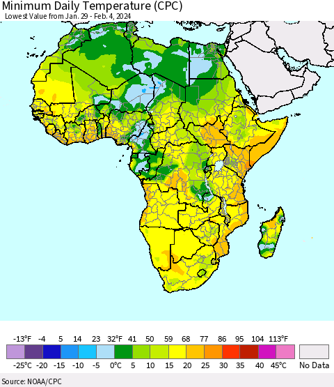 Africa Minimum Daily Temperature (CPC) Thematic Map For 1/29/2024 - 2/4/2024