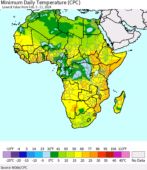 Africa Minimum Daily Temperature (CPC) Thematic Map For 2/5/2024 - 2/11/2024