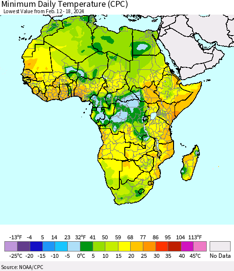 Africa Minimum Daily Temperature (CPC) Thematic Map For 2/12/2024 - 2/18/2024