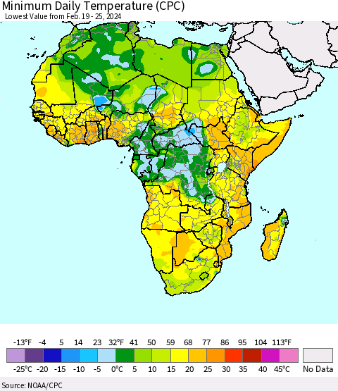 Africa Minimum Daily Temperature (CPC) Thematic Map For 2/19/2024 - 2/25/2024