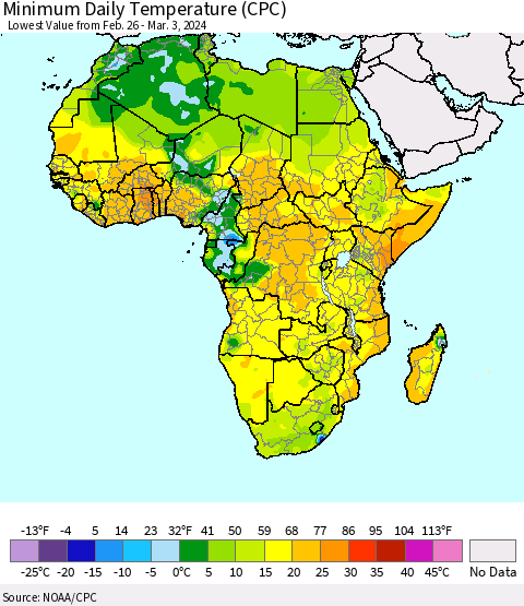 Africa Minimum Daily Temperature (CPC) Thematic Map For 2/26/2024 - 3/3/2024