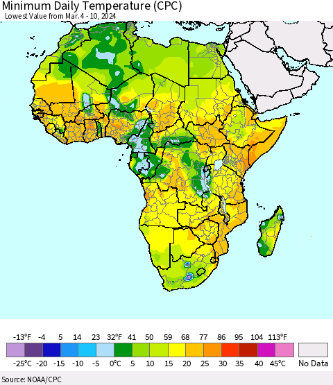 Africa Minimum Daily Temperature (CPC) Thematic Map For 3/4/2024 - 3/10/2024